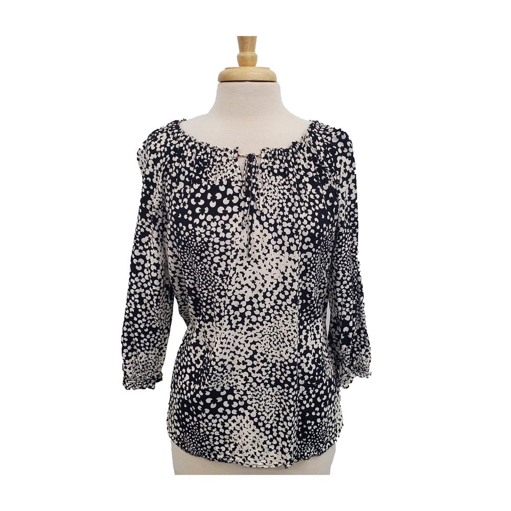 Talbots Womens L Black‎ White Floral Blouse Boho Chic Lightweight Rayon Top